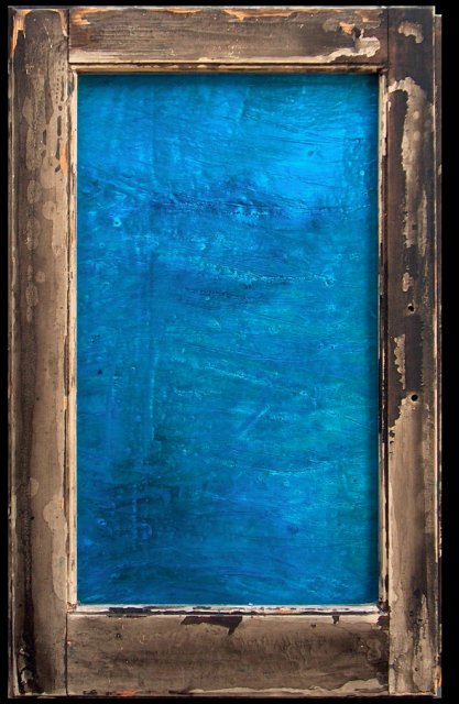 Ocean Electric-Oceanic STained Glass.jpg -  "Electric Ocean"   Mixed Media on Wood Window W/Glass, Mixed Media on Wood Painting Attached   11 X 14"    1996 