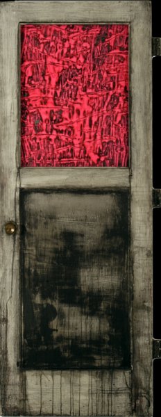 Statue.jpg - "Statue"   29" x 80"  Mixed Media on Wood Door w/Glass, Texture Paste, Mixed Media on Wood Painting Attached,  2006
