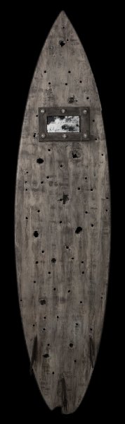 destruction of precious things.jpg - “The Destruction of Precious Things” 18 x 74 x 9” Mixed Media on Bullet Riddled Fiberglass Surfboard, Wood, Metal Bolts, Mini Video Screen (Installed Inside Surfboard) Video Written/Directed by Timothy Williams, Shot/Edited by Peanut Butter 2010  "Destruction of Precious Things"  Music/Lyrics: Timothy Williams   Lead Guitar: Xander Smith, Guitar: Jun Tiangco III, Vocals: KMax, Drums/Bass: Timothy Williams  