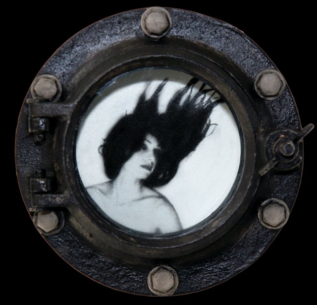 Gothic Mermaid III (Looking Right).jpg - "Gothic Mermaid IV" 7 x 7 x 4" inches Mixed Media on Brass Porthole W/Metal Bolts, Photograph  Photograph Developed by Jennifer Hart Biagiotti  2008