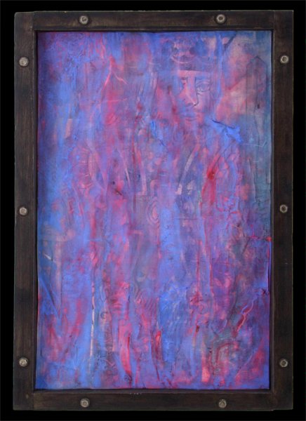Hezie2009.jpg - "Hezie"  22 x 32"  Wood Window w/ Metal Bolts and Plexiglass, Mixed Media on Wood  2001