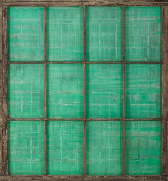 Ocean and Solitaire.jpg - "The Ocean" 54 x 58" Wood Window w/Glass, Playing Cards, Mixed Media on Plexiglass Painting Attached  1997