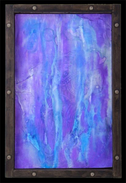 Purple-Joker2009-web.jpg - "Purple Joker" 22 x 32" Wood Window w/ Metal Bolts and Plexiglass, Mixed Media on Wood  2001