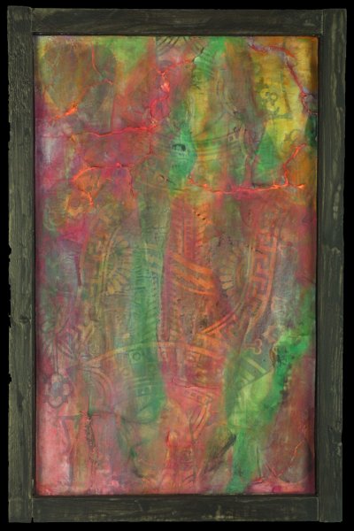 Ripped, Torn, and Standing.JPG - "Ripped, Torn, and Still Standing"  22 x 32"  Wood Window w/ Metal Bolts and Plexiglass, Mixed Media on Wood  2001