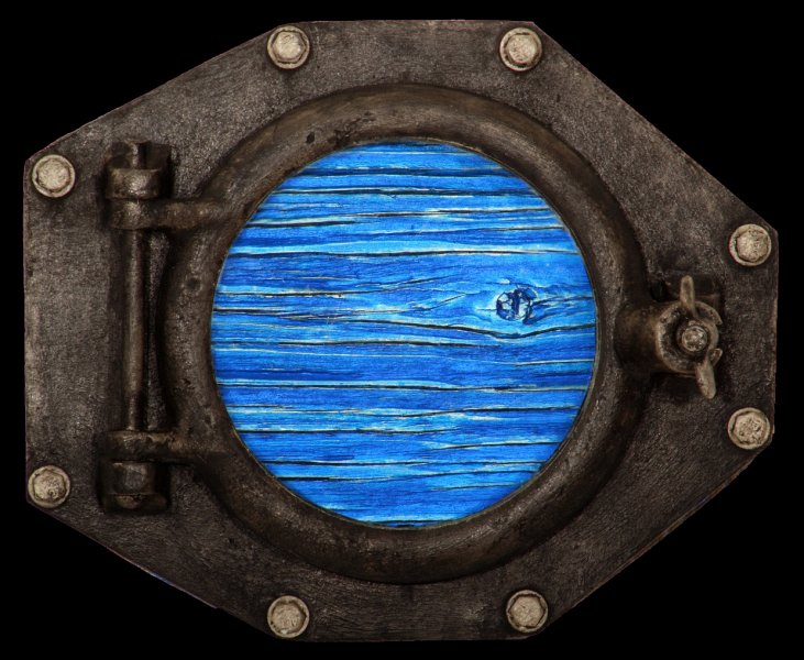 Electric Ocean III(A).jpg -  "Ocean Electric IX"   13 x 10 x 4"   Mixed Media on Brass Porthole, Mixed Media On Wood Painting Attached  2008 