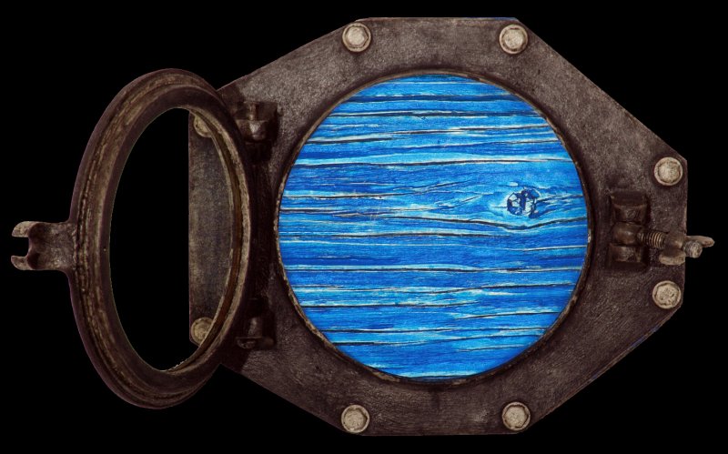 Electric Ocean III(B).jpg -  "Ocean Electric IX"   13 x 10 x 4"   Mixed Media on Brass Porthole, Mixed Media On Wood Painting Attached  2008 