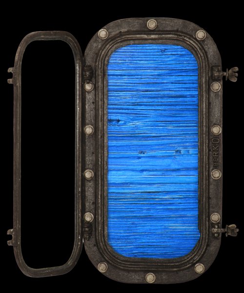 Electric Ocean V(B).jpg -  "Ocean Electric XIII"   11 x 21 x 4"   Mixed Media on Brass Porthole, Mixed Media On Wood Painting Attached  2008 