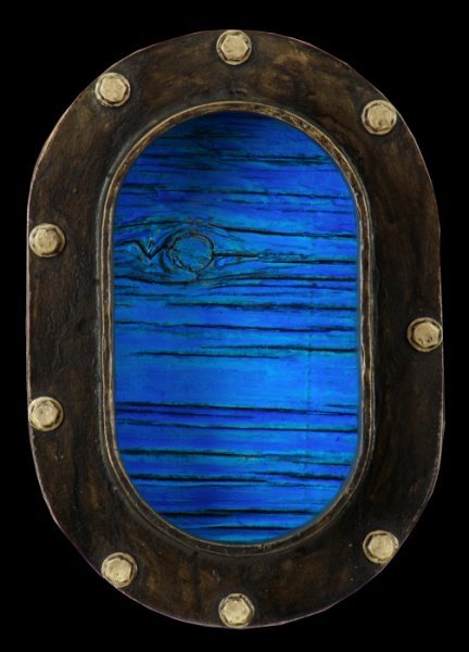 Electric Ocean II.jpg -  "Ocean Electric XI"    9 x 13 x 4"   Mixed Media on Brass Porthole, Mixed Media On Wood Painting Attached    2008 