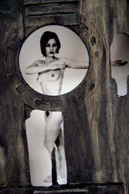 Beauty and a Broken Song II (Detail).jpg - “Beauty and a Broken Song II”   15 x 40 x 4”    Mixed Media on Burnt Guitar, Photograph     Photograph Developed by Jennifer Hart Biagiotti 2008  