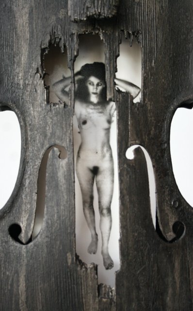 Beauty and a Broken Song IV (Detail).JPG - “Beauty and a Broken Song IV”   8 x 28 x 3”    Mixed Media on Burnt Violin, Photograph     Photograph Developed by Jennifer Hart Biagiotti   2008 Row 2 