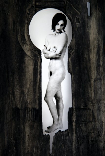 Beauty and a Broken Song X (Detail).jpg - “Beauty and a Broken Song X”   15 x 39 x 4”    Mixed Media on Burnt Guitar, Photograph   Photograph Developed by Jennifer Hart Biagiotti 2008  