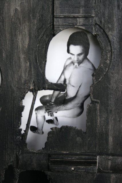 Broken Song and Beauty (Detail).JPG - “Broken Song and Beauty”   15 x 39 x 4”    Mixed Media on Burnt Guitar, Photograph   Photograph Shot & Developed by Jennifer Hart Biagiotti  2008     