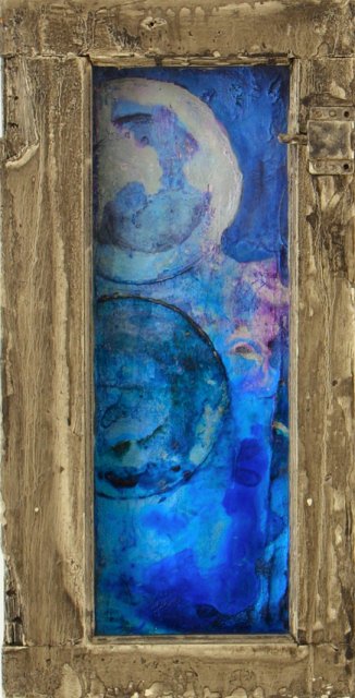 Water Glass II.jpg - "Water Glass II" 10" x 13" Mixed Media on Wood Door w/Obscure Water Glass, Mixed Media on Canvas Affixed to Wood, 2006